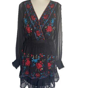 ANTHROPOLOGIE Not So Serious Women's Black Embroidered Wrap Mini Dress sz M